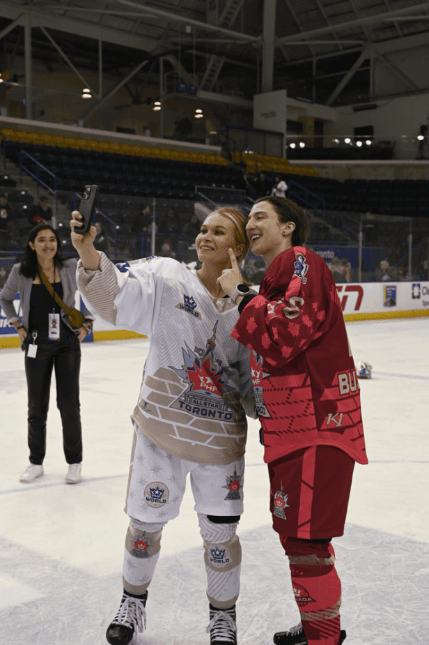 1/29/23 Sara Bujold and Ebba Berglund, Metropolitan Riveters teammates playing for different sides in the All-Star Game. Sara is a member of Team Canada, and Ebba played for Team World. (Photo Credit: Lori Bolliger)
