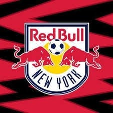 New York Red Bulls official logo featuring red bull heads, soccer ball, and team name on red and black striped background