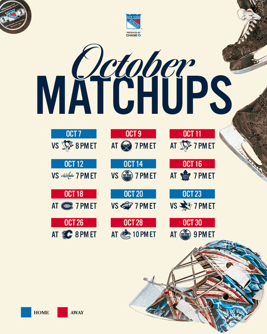 Graphic displaying the New York Rangers' October matchups for the 2025-26 season, featuring game dates, times, and opponents.