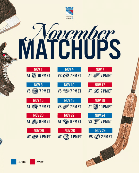 Image showing the November matchups for the New York Rangers' 2025-26 season, featuring game dates, times, and opponents, along with hockey equipment illustrations.