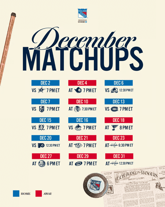 2025-26 New York Rangers December matchups schedule featuring home and away games with dates and times.