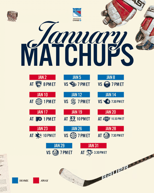 2025-26 New York Rangers January matchup schedule featuring game dates and times, with home and away games marked in red and blue.
