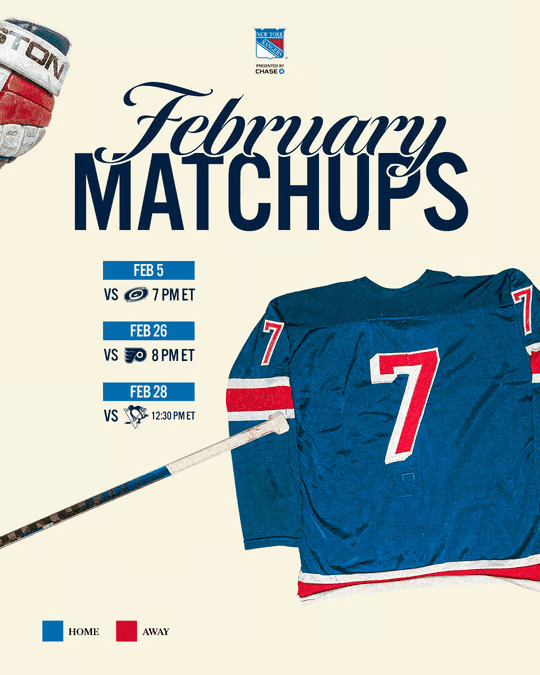 Graphic announcing the February matchups for the New York Rangers, featuring a blue hockey jersey with '7' on it, a hockey stick, and match details including dates and times.