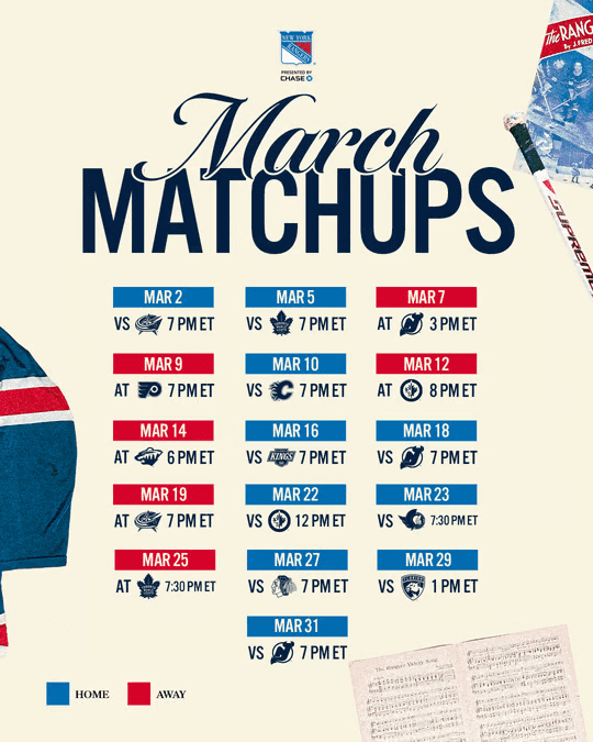 A colorful graphic displaying the New York Rangers' March matchups for the 2025-26 NHL season, featuring dates, times, and opponents for home and away games.