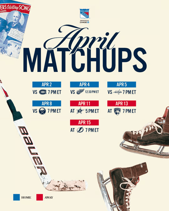 Graphic displaying the New York Rangers' April matchup schedule for the 2025-26 season, including game dates and times against various teams.