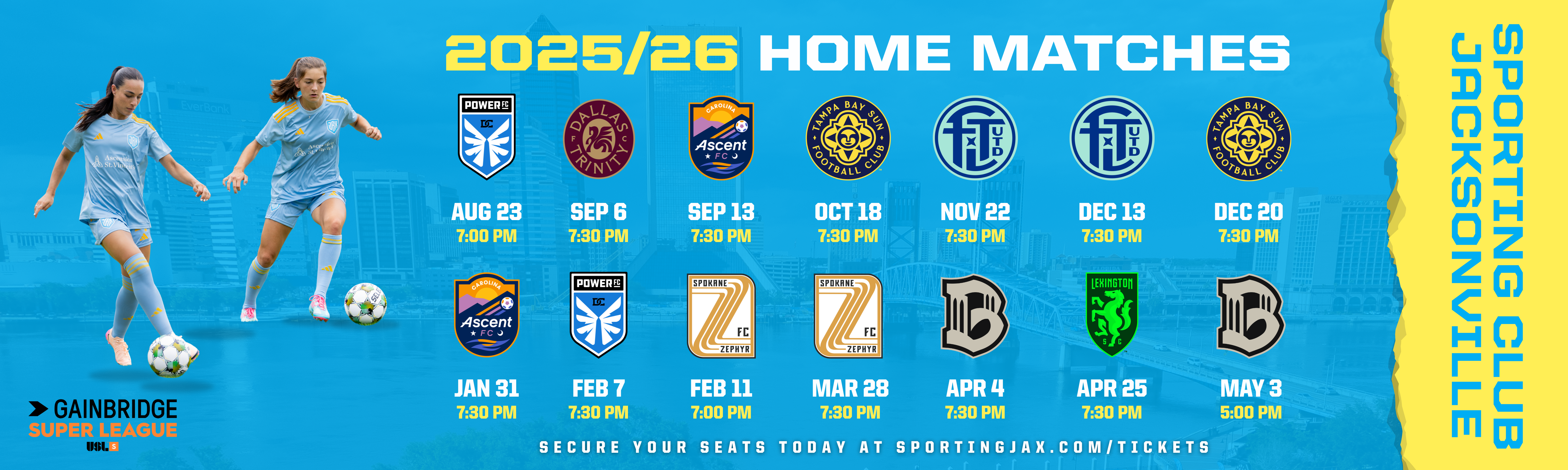 Sporting Jax home matches promotional banner featuring team branding and schedule information for Gainbridge Super League games