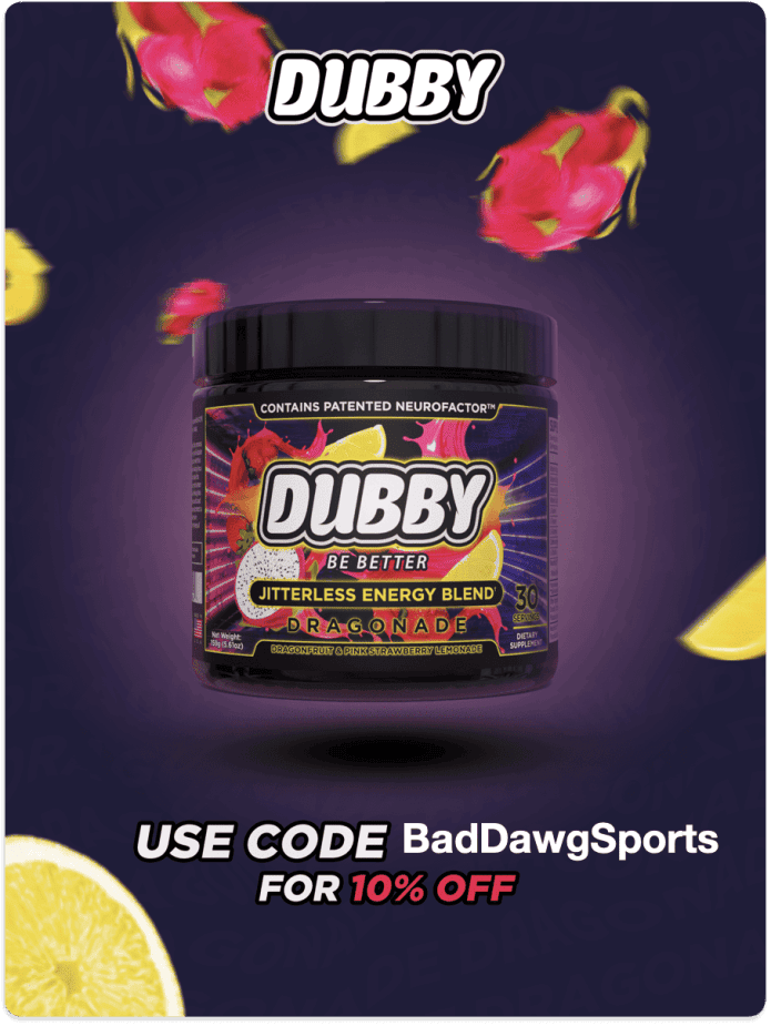 Dubby Energy jitterless energy blend supplement container with dragon fruit flavor surrounded by tropical fruits and promotional discount code BadDawgSports