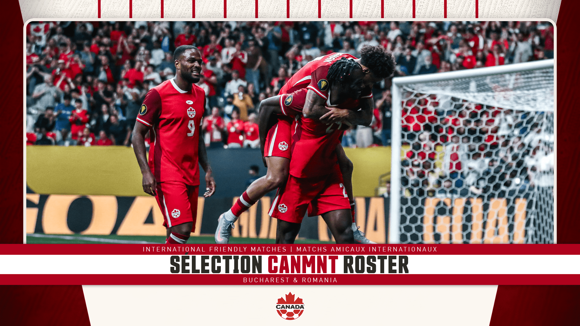 Canada Men's National Team players celebrating goal in red jerseys during international match with Canadian flag and soccer celebration