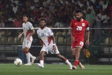 9/4/2025 Franklin Essed Stadium, Paramaribo, Suriname Anibal Godoy challenging Suriname Mandatory Credit FEPAFUT