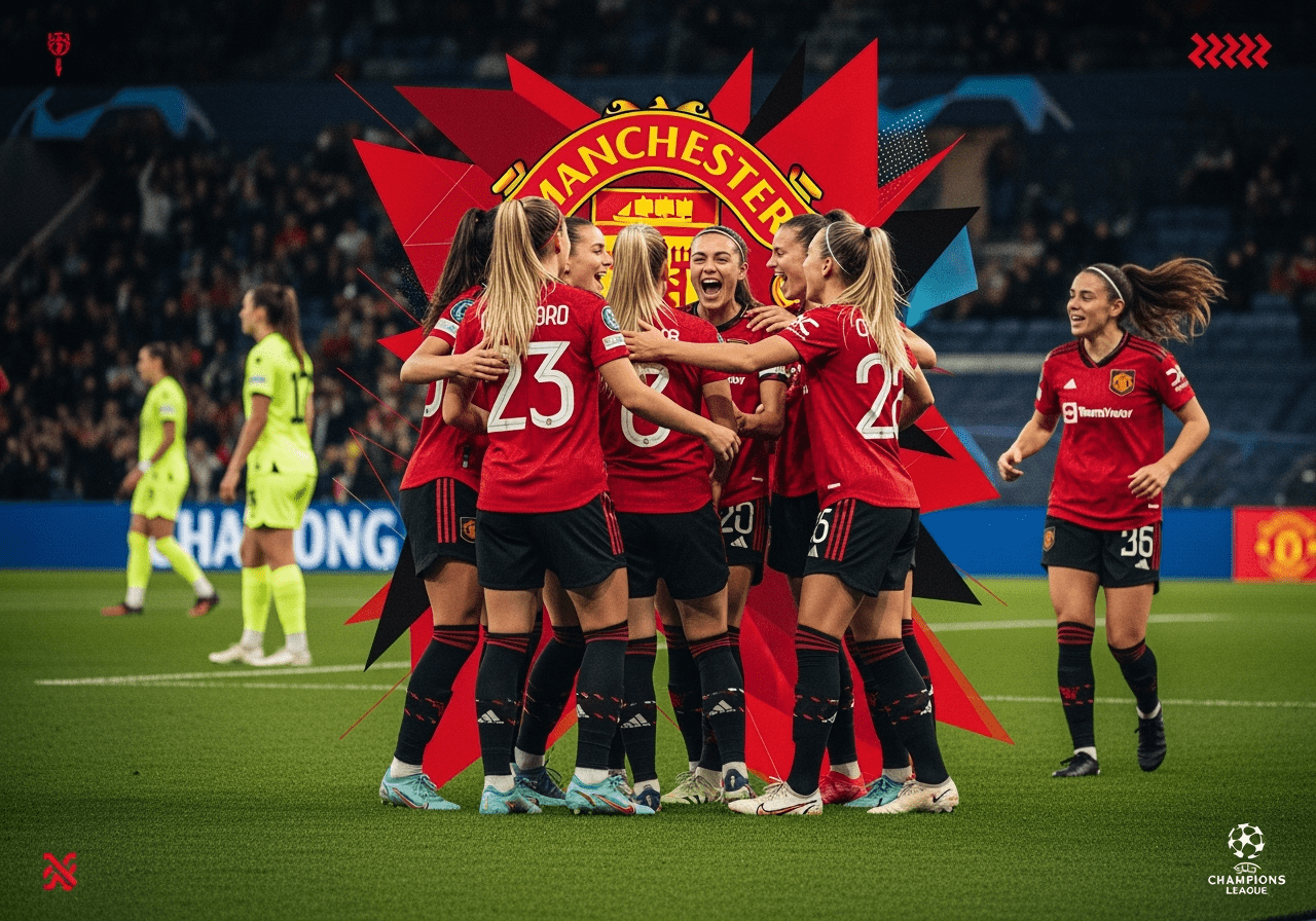 Manchester United Women's soccer players in red jerseys celebrating together in a tight team huddle on a green soccer pitch, with the Manchester United logo and Champions League branding visible in the background, players showing intense joy and team unity