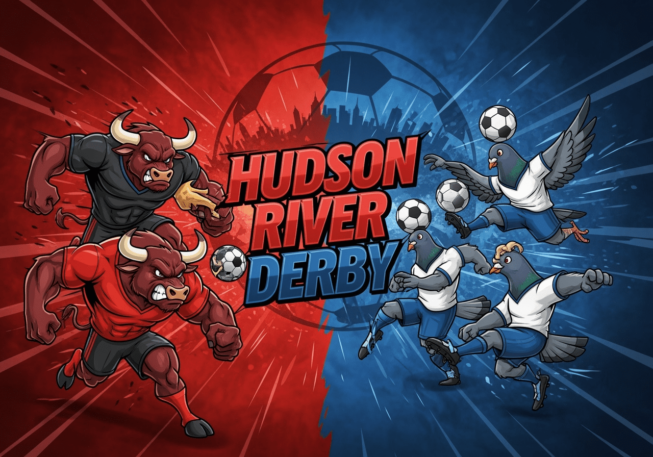 Dramatic graphic of Hudson River Derby featuring two angry red bull and three angry soccer pigeons colliding mid-field, symbolizing the intense rivalry between New York Red Bulls and New York City FC