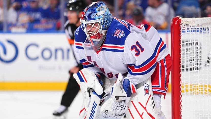 10/9/2025 KeyBank Center, Buffalo, NY Igor Shesterkin in net gets the shutout Mandatory Credit: New York Rangers