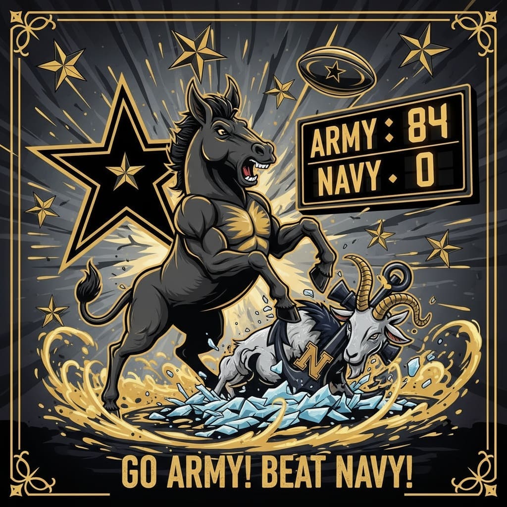 Army West Point Black Knights mascot celebrates dominant 84-0 rugby victory over Navy Midshipmen in Star Game at Anderson Rugby Complex