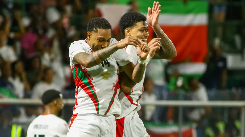11/13/2025 Franklin Essed Stadium, Paramaribo, Suriname, Jean PaulBoetius Celebrates a goal for Suriname with his teammates. Mandatory Credit: CONCACAF.com