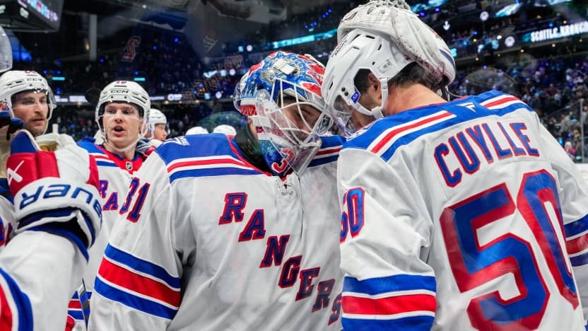 11/1/2025 Climate Pledge Arena, Seattle WA, Will Cuylle celebrates his Overtime goal. Mandatory Credit: New York Rangers