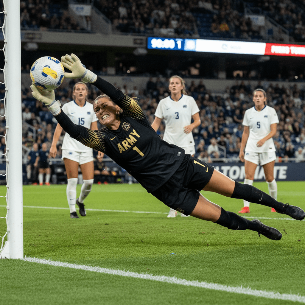 Army West Point goalkeeper Karalyn Dail makes a diving save during NCAA Tournament first round match against Penn State at Jeffrey Field