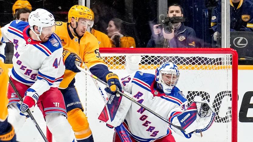 122/21/2025 Bridgestone Arena, Nashville, TN., Jonathan Quick making a save in goal Mandatory credit: New York Rangers