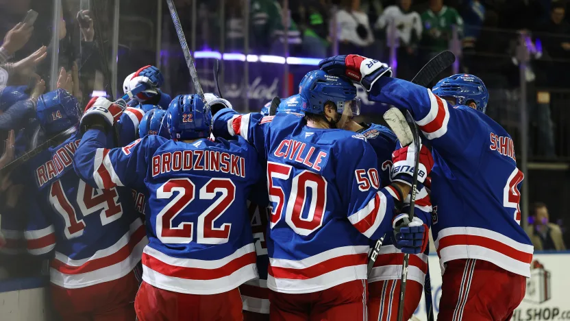 12/2/2025 Madison Square Garden, New York, NY., Vladislav Gavrikov Wins it in Overtime and he is mobbed. Mandatory Credit: New York Rangers