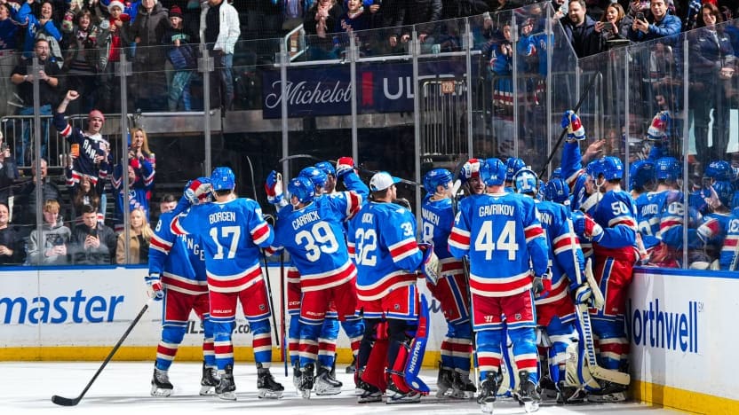 12/13/2025 Madison Square Garden, New York, NY., J.T. Miller's overtime winner celebrates at the Garden. Mandatory Credit: New York Rangers