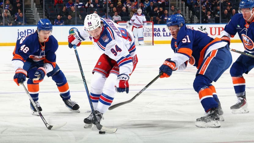 1/28/2026 UBS Arena, Elmont, NY., Gabe Perreault skates with the puck Mandatory Credit: New York Rangers
