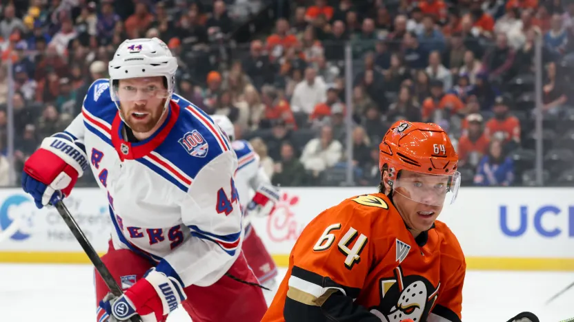 1/19/2026 Honda Center, Anaheim, CA., Vladislav Gavrikov scores a Power Play Goal. Mandatory Credit: New York Rangers