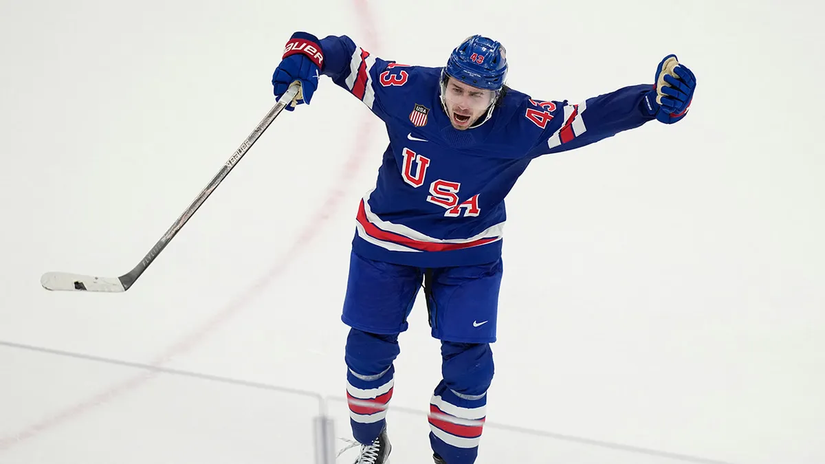 2/18/2026 Milano Santagiulia Ice Hockey Arena, Milan, Italy, Quinn Hughes celebrates scoring the overtime winner. Mandatory credit: Fox News Through Getty Images