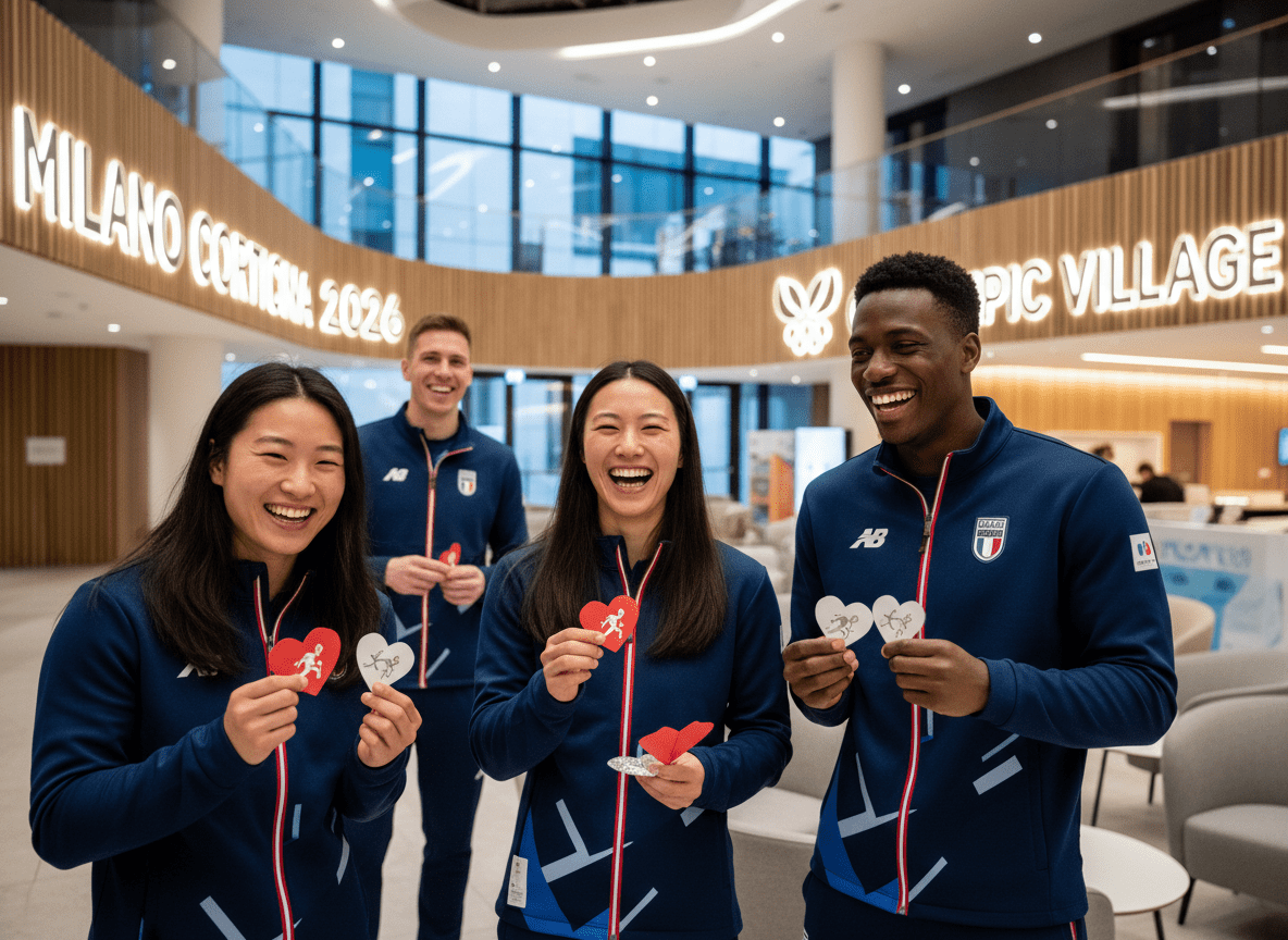 Athletes in the Olympic Village hold Valentine’s Day pins and heart-themed decorations during Milano Cortina 2026.