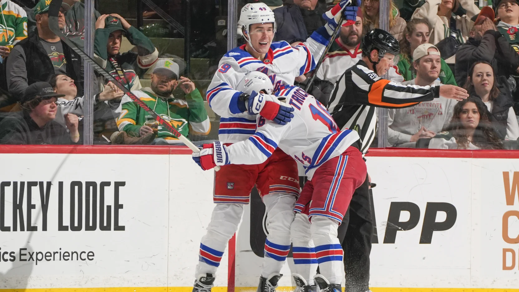 3/14/2026 Grand Casino Arena, St. Paul, MN., Jaroslav Chmelar scores his 2nd NHL Goal. Mandatory Credit: New York Rangers