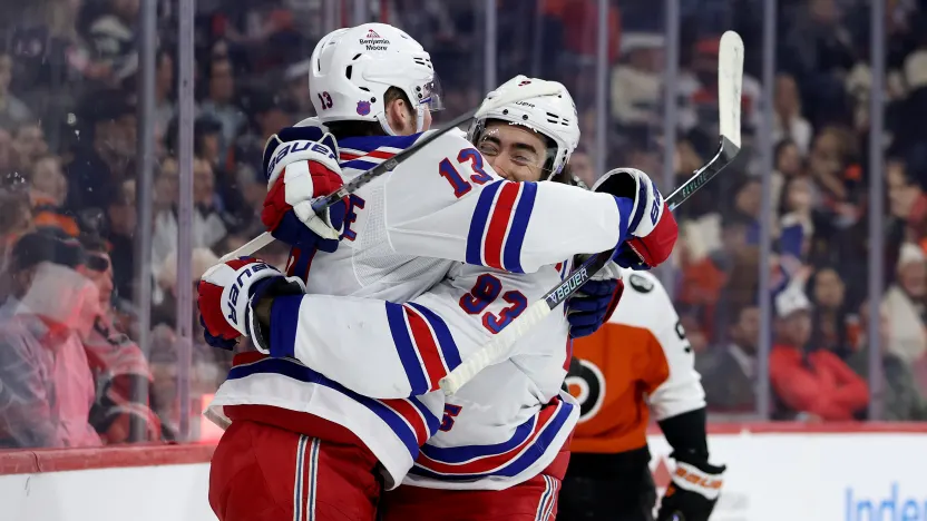 2/9/2026 Xfinity Mobile Arena, Philadelphia, PA., Mika Zibanejad has a two goal game. Mandatory Credit: New York Rangers