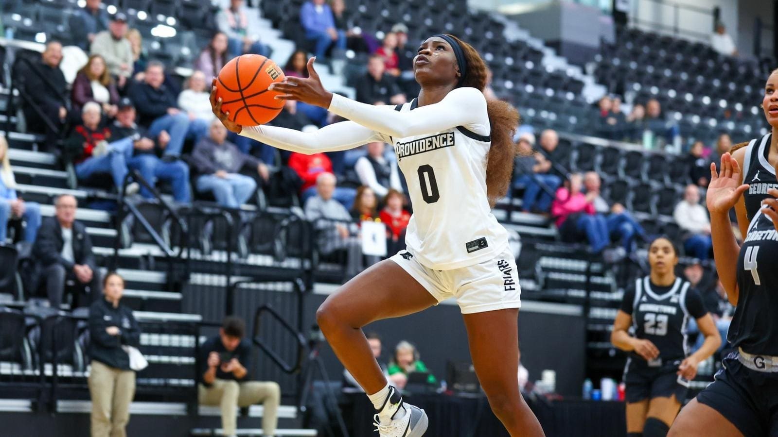 Providence guard Sabou Gueye rises for a layup during Big East Tournament play, showcasing the athleticism that fueled her 31‑point performance. Mandatory Credit: Providence College Athletics.