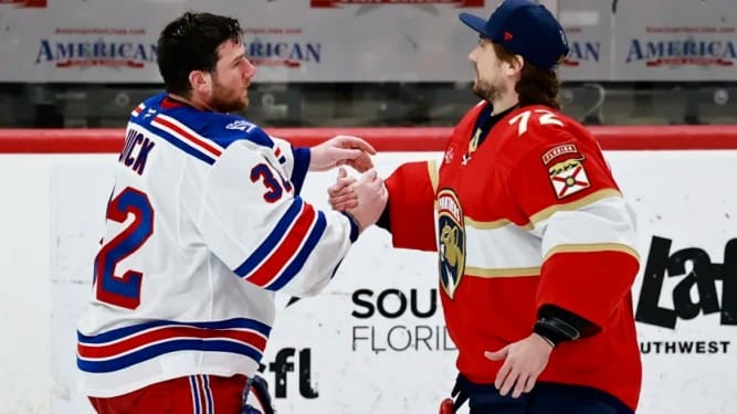 Jonathan Quick skates to the Panthers for handshakes