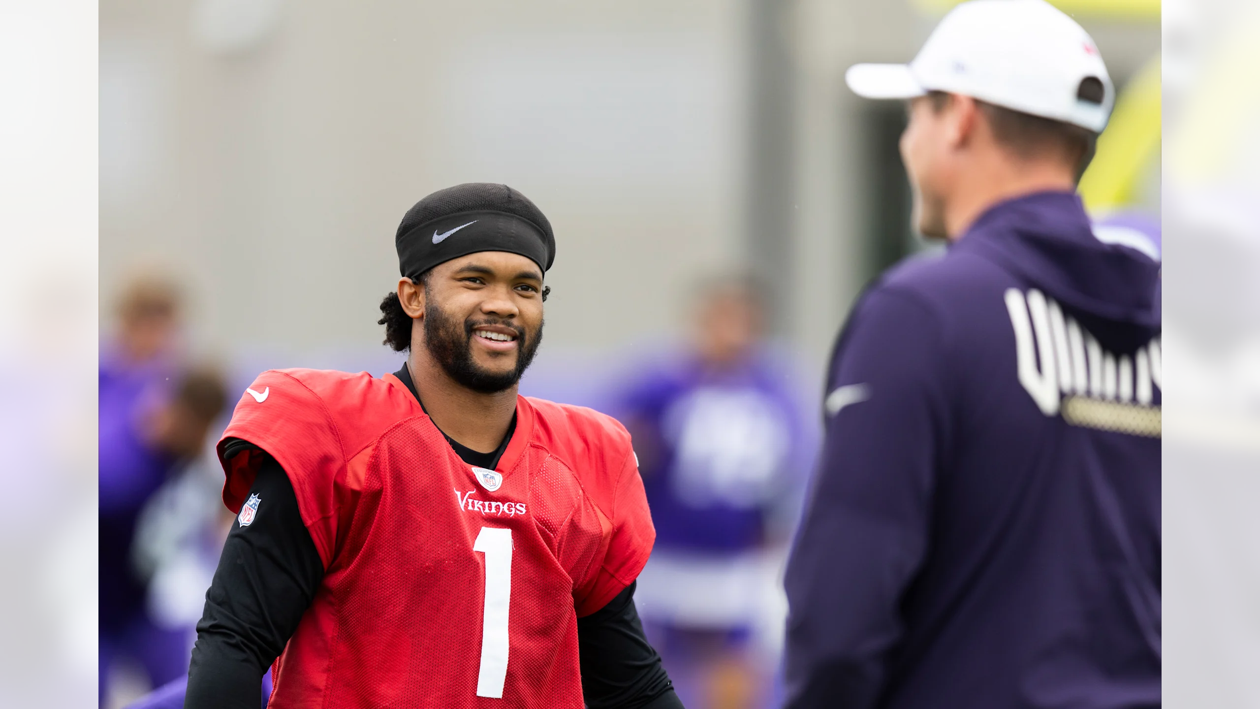 Minnesota Vikings QB1 Kyler Murray in the red jersey ahead of the showdown in Tampa Bay.