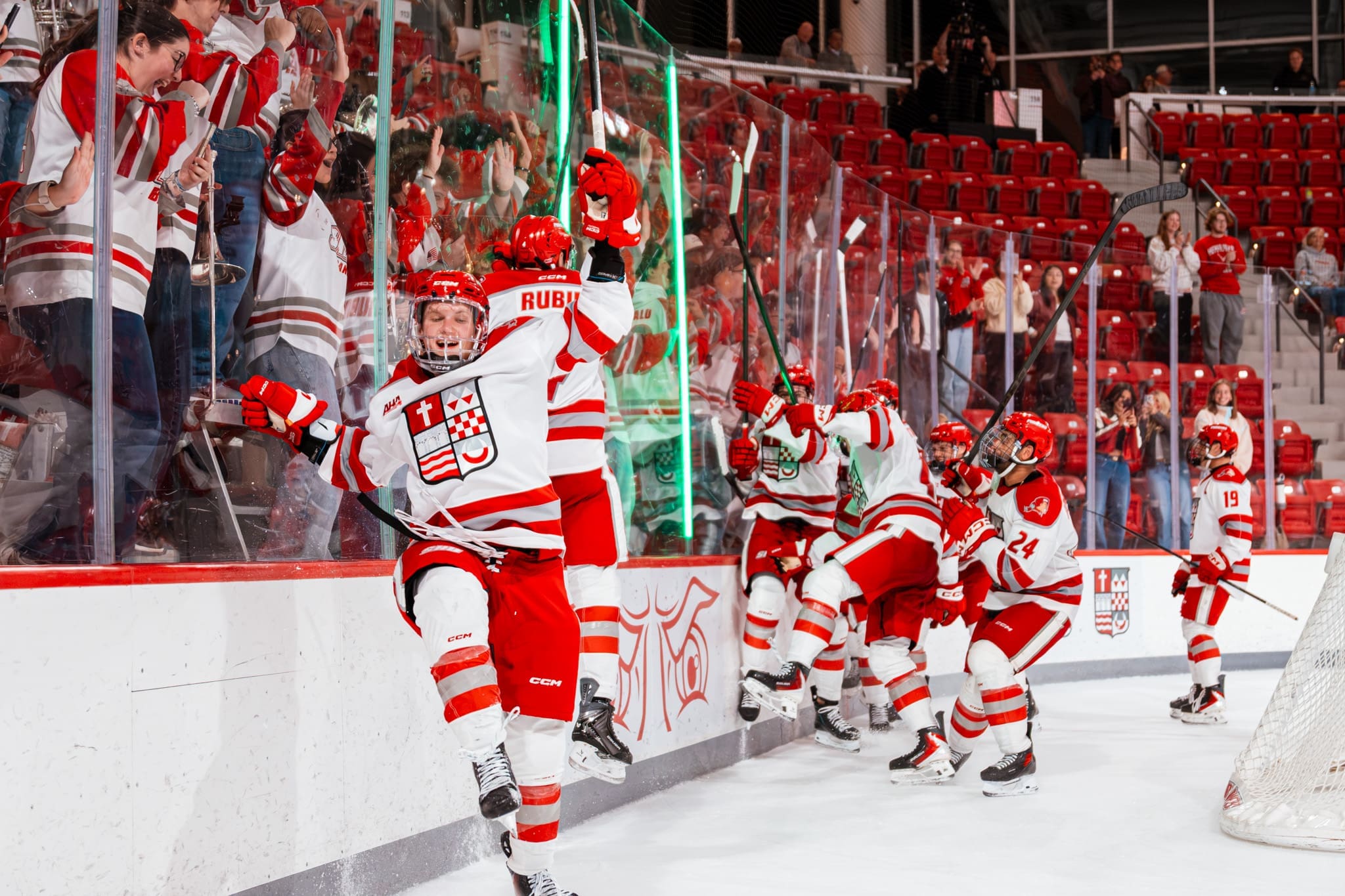 The Sacred Heart Men's Hockey team celebrates their huge upset over the Big Ten's nationally ranked #17 Penn State Nittany Lions.