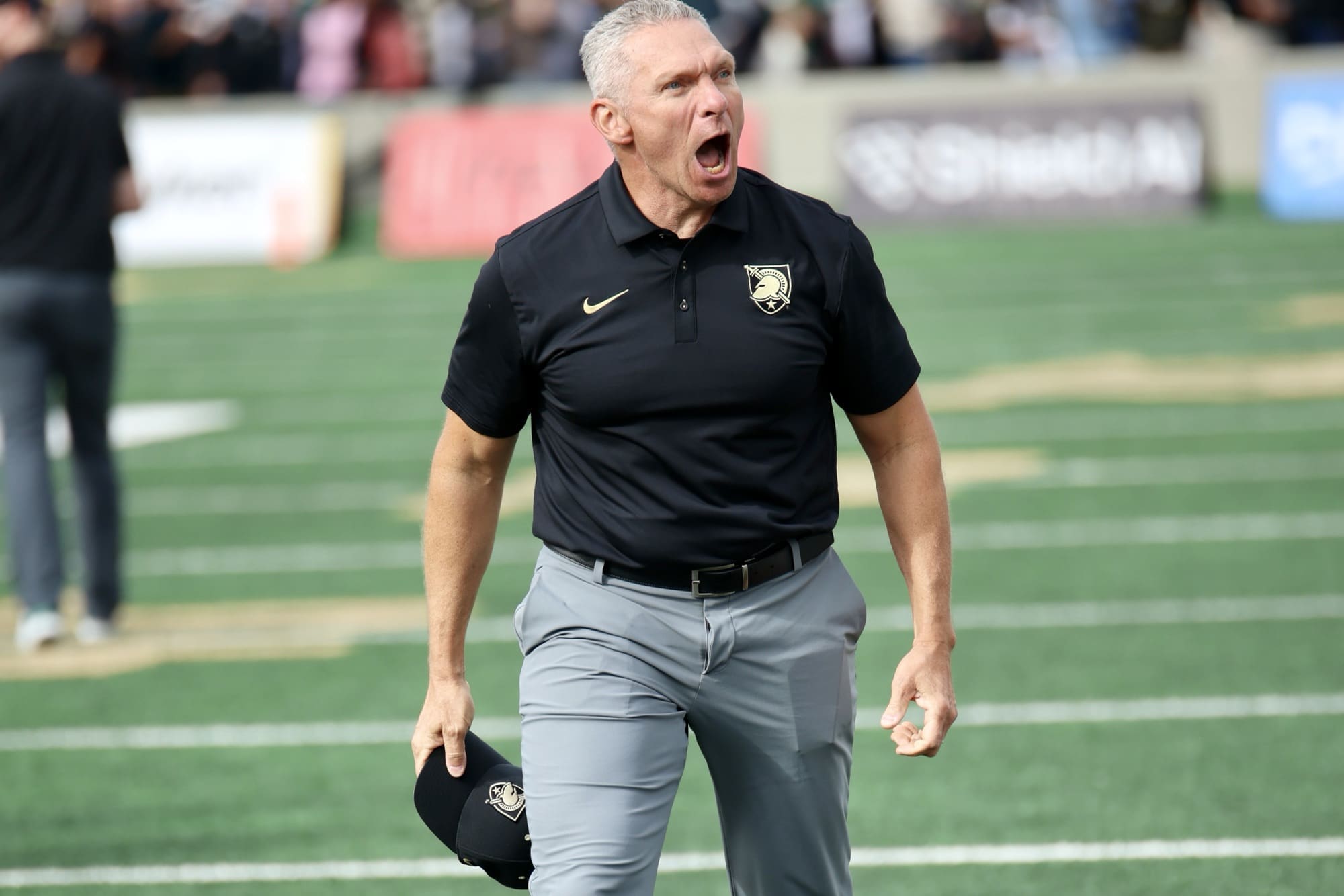 WEST POINT, NY - OCTOBER 10: Army Black Knights head coach Jeff Monken celebrates following a victory over the Tulane Green Wave at Michie Stadium. Mandatory Credit: Jose Pichirilo / Bad Dawg Sports