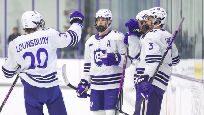 Holy Cross junior Matt Kursonis tied the game at 1-1, skating the puck around the offensive zone and sending a wrist shot through a crowd and into the back of the net.