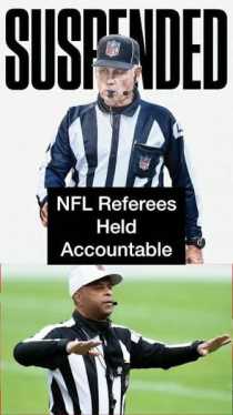A vertical split-screen graphic detailing the league's disciplinary action. The top photo shows a close-up of NFL line judge Jeff Seeman in uniform, overlaid with a bold white heading reading "SUSPENDED" and a black box reading "NFL Referees Held Accountable." The bottom photo features referee Adrian Hill in his officiating gear gesturing on the field with arms extended out to his sides.