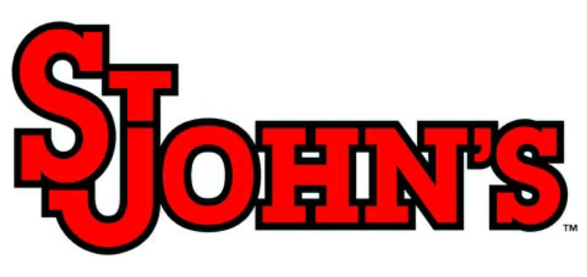 Logo for St Johns, red letters with white background.