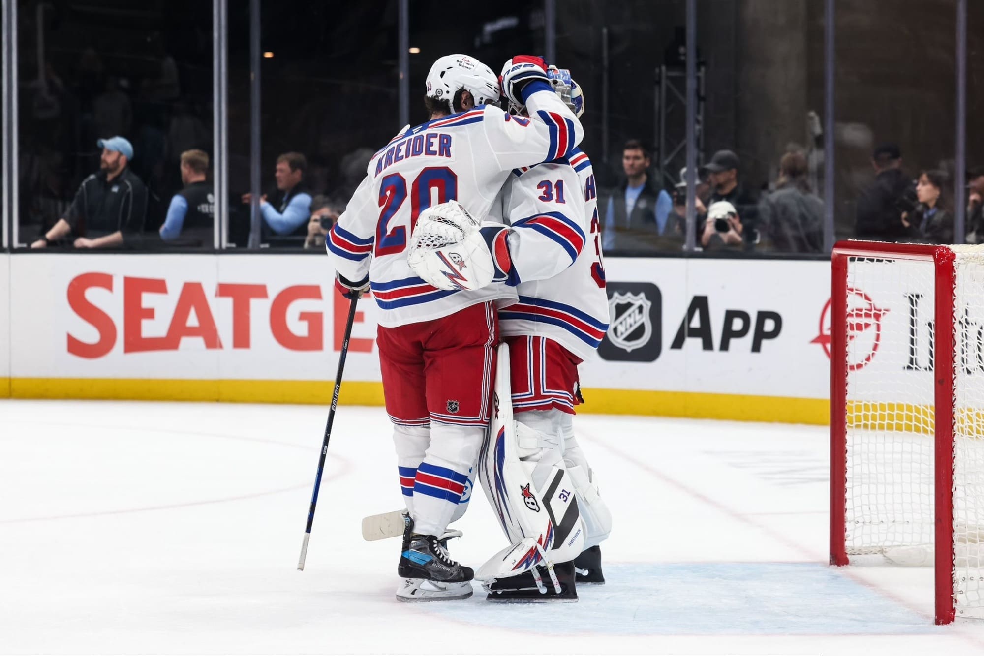 1/17/25 Salt Lake City, Utah Delta Center| NY Rangers Chris Kreider hugs Igor in celebration of win over the Utah Hockey Club. Mandatory Credit: NHL/NY Rangers