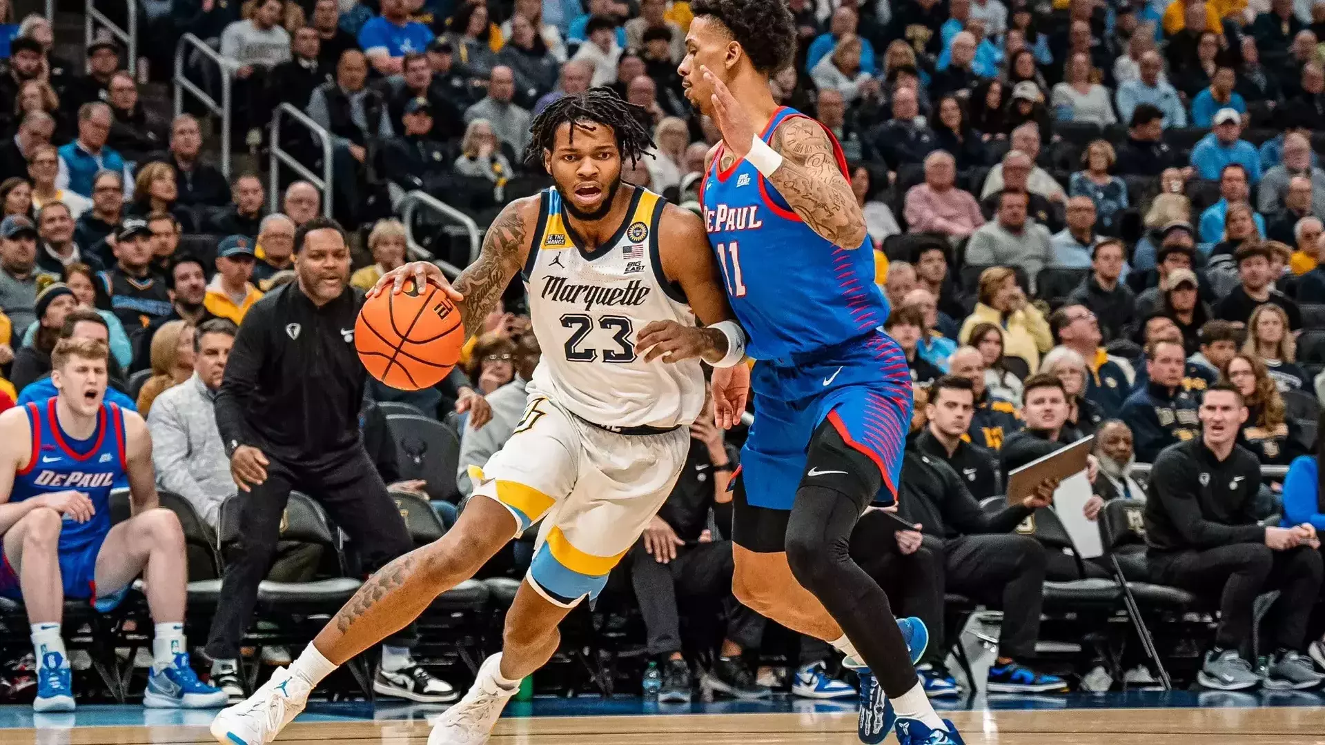 2/11/25 Milwaukee, WI Fiserv Forum| Marquettes Sean Jones driving to the hoop against Depaul. Mandatory Credit: Marquette University