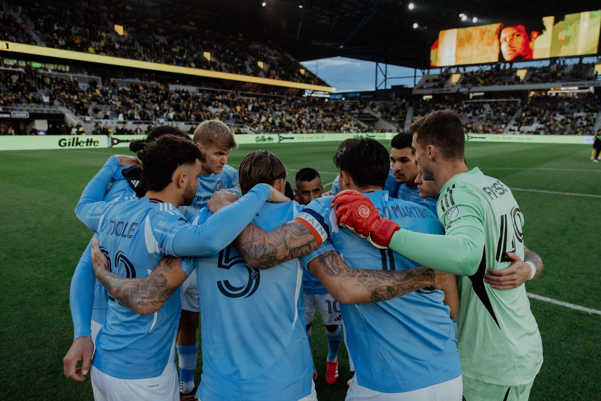3/22/2025 Lower.com Field, Columbus, Ohio. NYCFC Huddles before the game starts. Photo by NYCFC