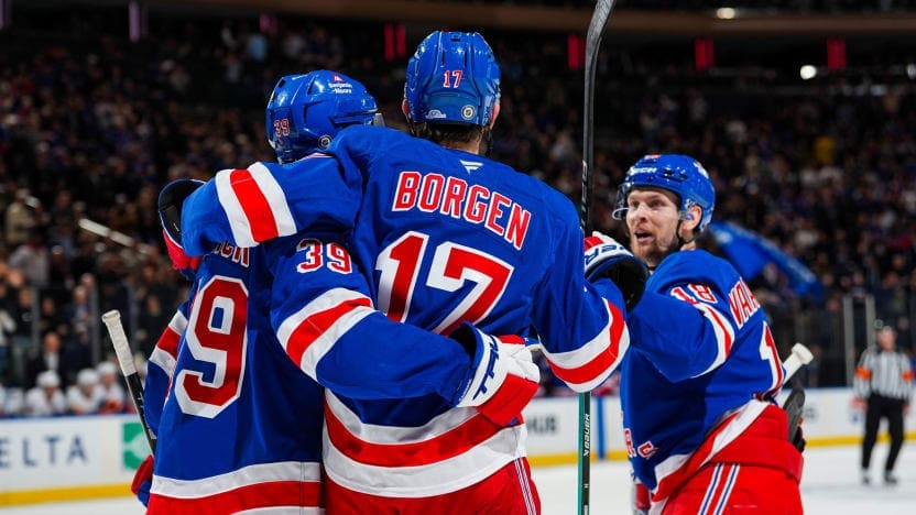 3/3/2025 New York, NY MSG | Will Borgen Celebrates a goal. Maandatory creditt.. NYRangers/NHL