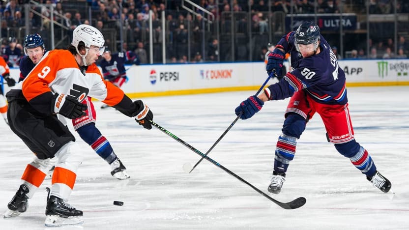 4/9/2025Madison Square Garden, New York, NY Will Cuylle skates for the puck Photo by NY Rangers