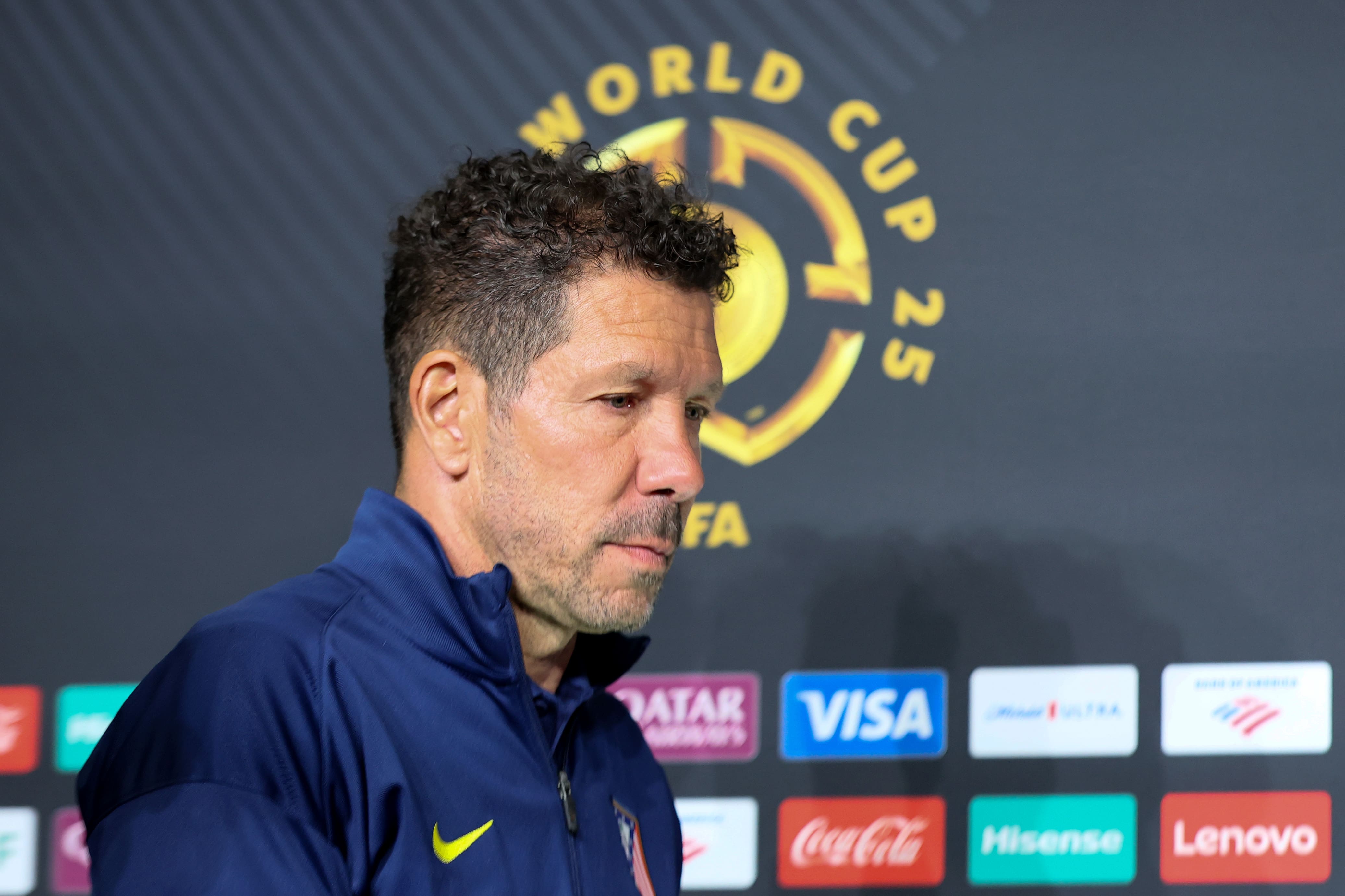 SEATTLE, WASHINGTON - JUNE 18: Diego Simeone, head coach of Atletico de Madrid, attends a press conference ahead of the FIFA Club World Cup 2025 match against Seattle Sounders FC at Lumen Field on June 18, 2025 in Seattle, Washington. (Photo by Soobum Im - FIFA/FIFA via Getty Images)