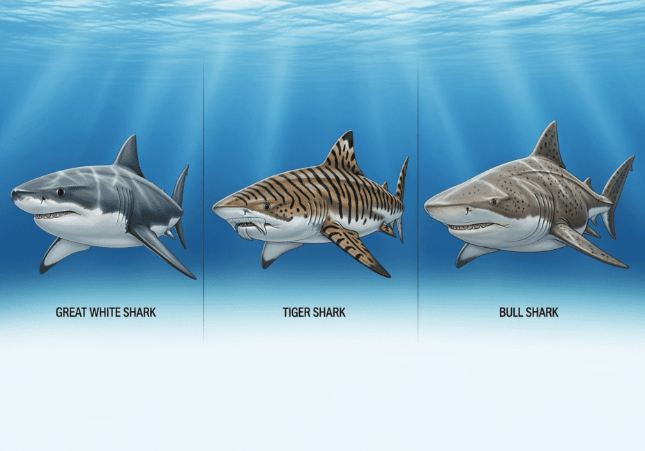 Illustration depicting three shark species: Great White Shark on the left, Tiger Shark in the center, and Bull Shark on the right, set against a blue underwater background.