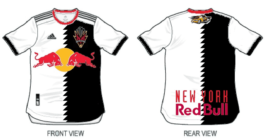 Front and rear views of a soccer jersey featuring a black and white diagonal design, the Red Bull logo on the front, and 'NEW YORK Red Bull' text on the back.