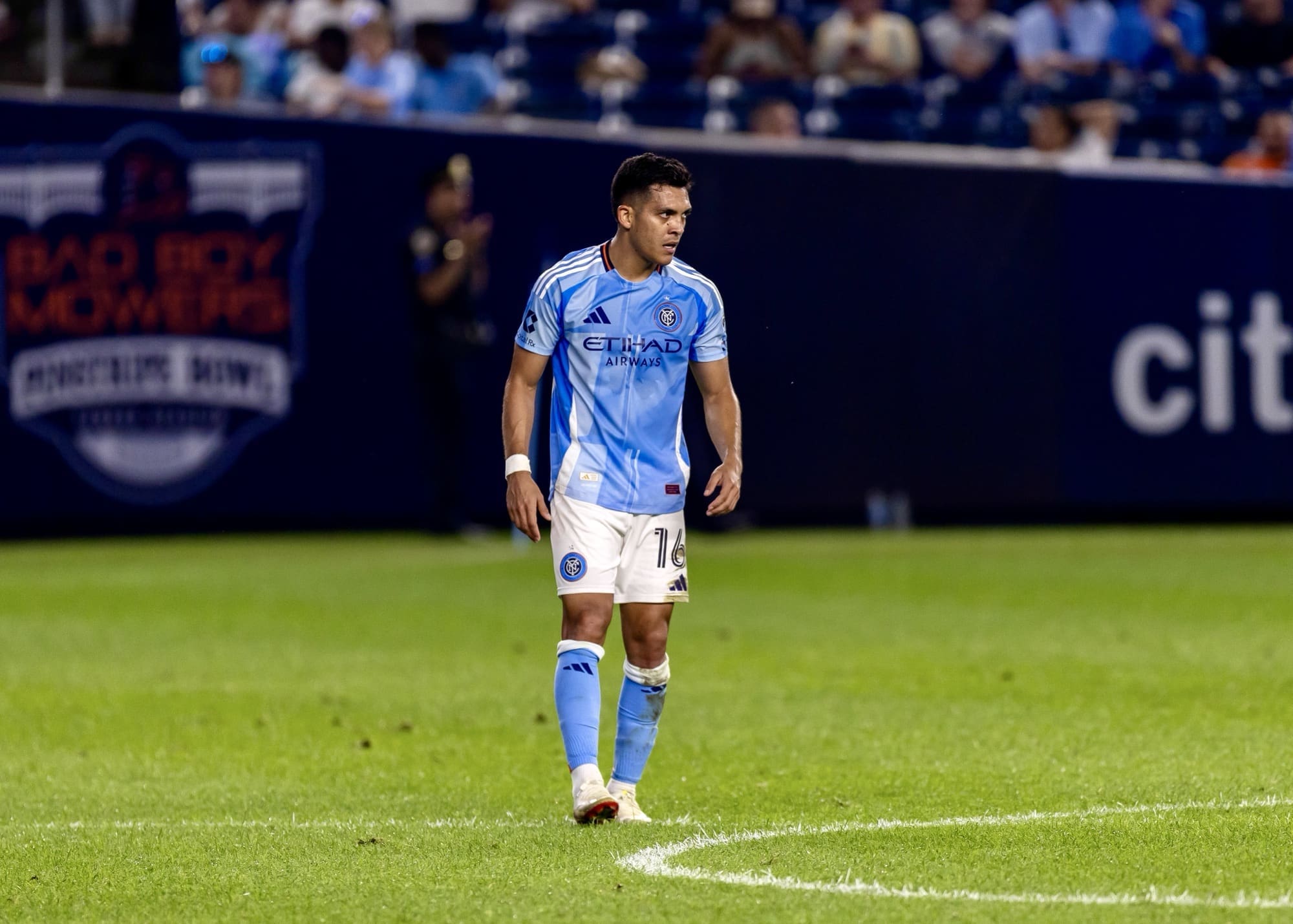 8/17/25, Bronx, New York City, Yankee Stadium, Alonso Martínez #16 of New York City FC looks on during the match against Nashville SC. Israel Contreras Gonzalez/Bad Dawg Sports