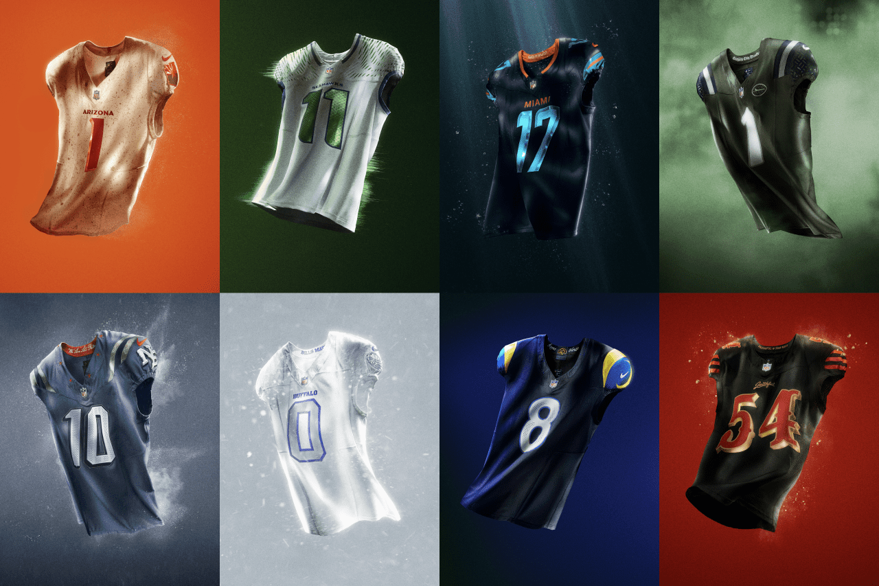 Nike NFL Rivalries uniforms collection showing eight team designs for Arizona Cardinals Miami Dolphins Buffalo Bills New England Patriots New York Jets Los Angeles Rams Seattle Seahawks San Francisco 49ers