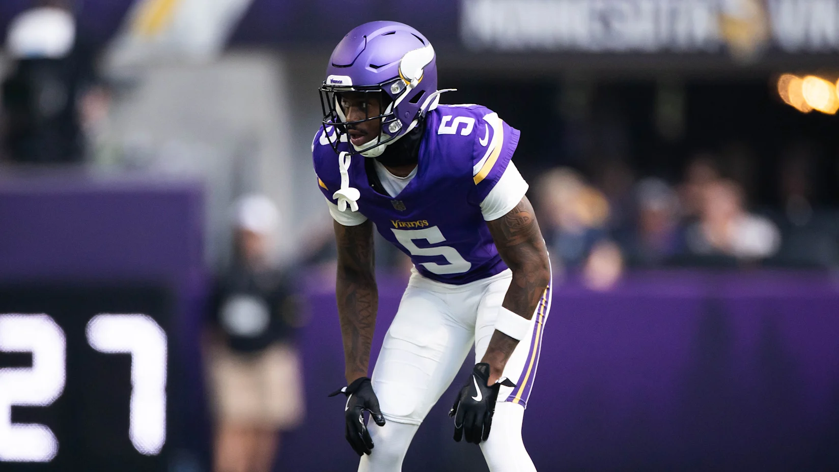Mekhi Blackmon in Minnesota Vikings purple uniform during his rookie season before suffering season-ending ACL injury in 2024 training camp