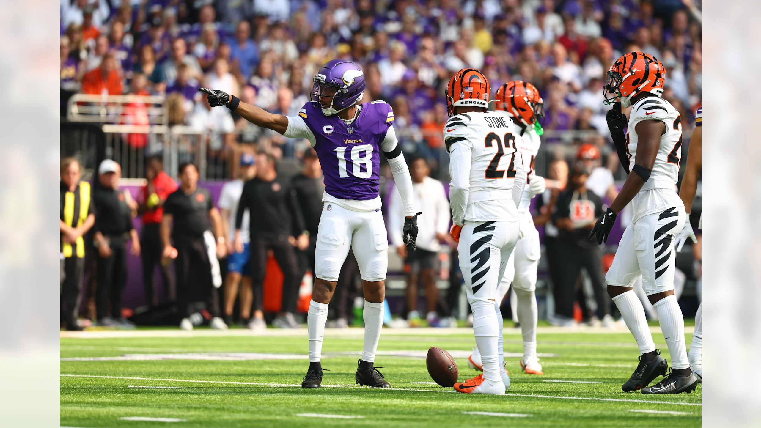 Minnesota Vikings wide receiver Justin Jefferson #18 signals first down after a long catch and run during the 48-10 victory over Cincinnati Bengals