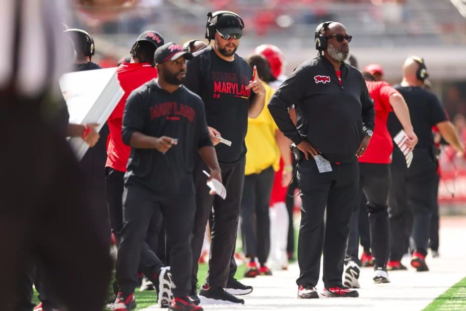 Maryland Terrapins head coach Michael Locksley leads from the sideline during a historic 27-10 victory over the Wisconsin Badgers at Camp Randall Stadium in the Big Ten conference opener
